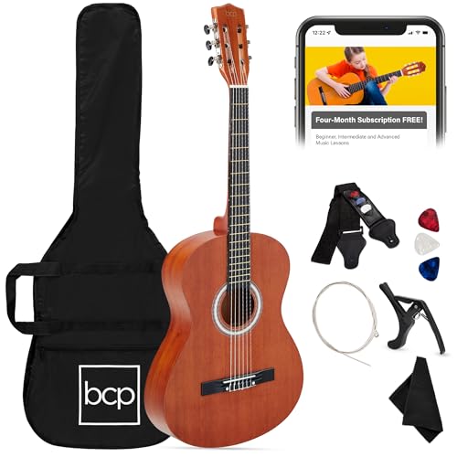 Best Choice Products 38in Beginner All Wood Acoustic Guitar Starter Kit w/Gig Bag, 6 Picks, Nylon Strings, Strap w/Pick Holder - Natural Mahogany