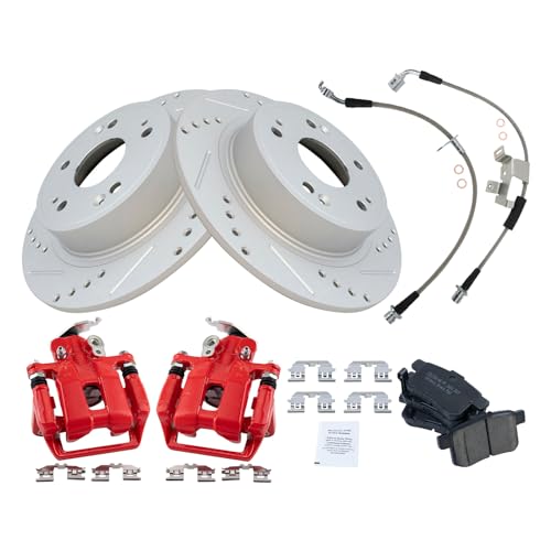 Image of TRQ Performance Rear Brake Pad and Rotor Set Ceramic Slotted Drilled Coated | For 2009-2014 Acura TSX 2008-2012 Honda Accord