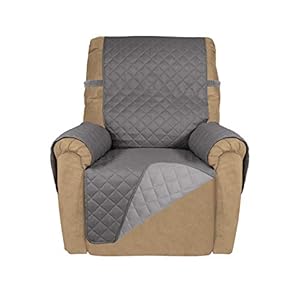 PureFit Reversible Quilted Sofa Cover, Water Resistant Slipcover Furniture Protector, Washable Couch Cover with Non Slip and Elastic Straps for Kids, Dogs, Pets (Small Recliner, Gray/Light Gray)