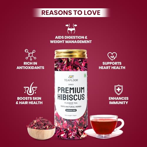 TEAFLOOR Premium Hibiscus Tea 50g | Natural Herbal Tea for SKIN GLOW, Heart Health & Immunity | Caffeine-Free & Antioxidant Rich | Pure Dried Hibiscus Flower