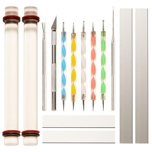 14 Pcs Polymer Clay Tools Acrylic Roller Clay Rolling Pins for Baking with Thickness Rings Tissue Blade Slicer Knife Dotting Tools Sculpting Earring and Jewelry Making Kit for Modeling and Shaping