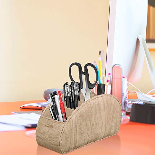 Image of SITHON Remote Control Holder with 5 Compartments - PU Leather Remote Caddy Desktop Organizer Store TV, DVD, Blu-Ray, Media Player, Heater Controllers, Woodgrain Khaki