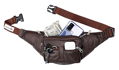 Image of K London Genuine Leather Waist Bag for Men & Women | Brown Travel Pouch, Passport Holder & Fanny Pack | Multi Pocket Utility Belt Bag with Adjustable Strap for Travel & Daily Use (268 Brown)