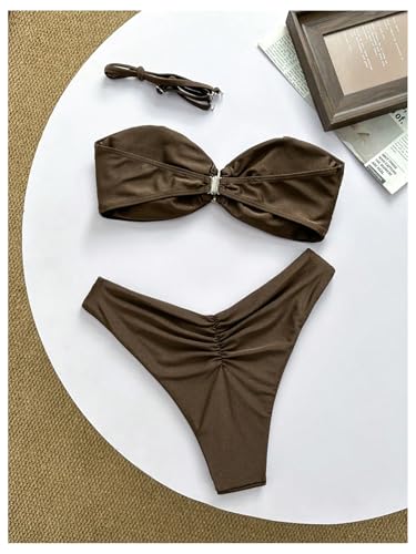 GORGLITTER Women's Strapless Metal Swimsuits Cheeky Ruched High Waisted Bikini Sets Bandeau Cute Tankini Bathing Suit2