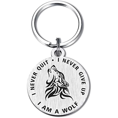 Laluminter Wolf Keychain for Men Women, Never Give Up Inspirational Gifts for Wolf Lovers Girls Boys Cover