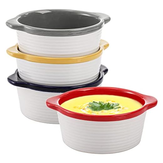 AVLA 4 Pack Porcelain Soup Bowl, 18 Ounce Ceramic Soup Crock with Handles, Stackable Serving Bowls for Cereal, Stew, Chill, Beef Stew, Pot Pies, Individual Casseroles Dishes, Oven Dishwasher Safe