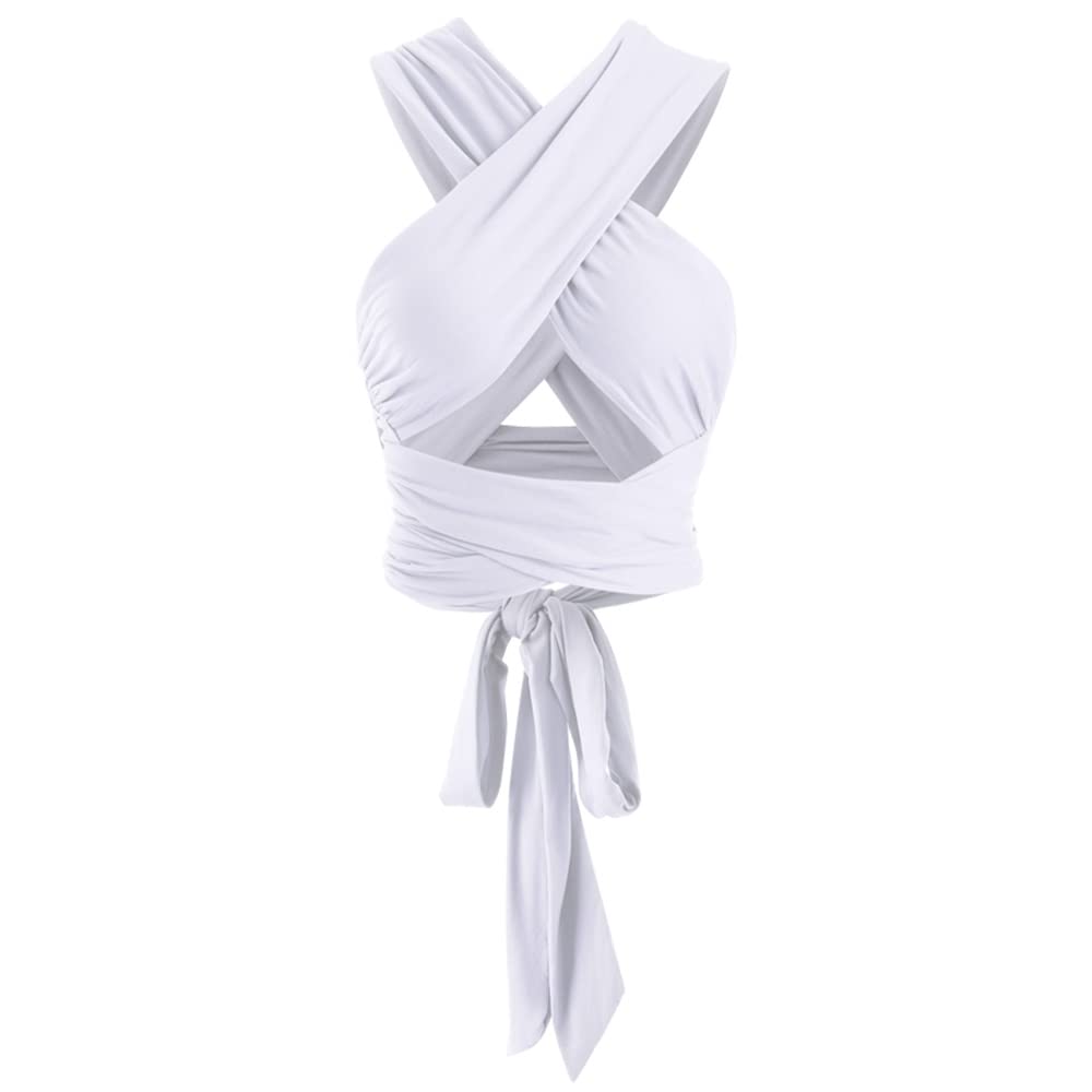 ZAFUL Womens Ribbed Halter Crop Top Ruched Lace-up Cropped Cami Bandana Top Criss Cross Wrap Print Tank Top