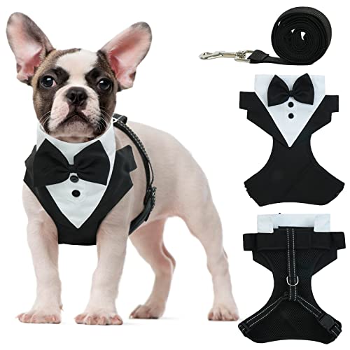OUOBOB Tuxedo Dog Harness, Dog Vest with No Pull Dog Leash, Formal Puppy Harness with Bow Tie for Wedding, Breathable Mesh Dog Tuxedo Vest Harness, Pet Harness for Small Medium Dogs, Birthday Walking