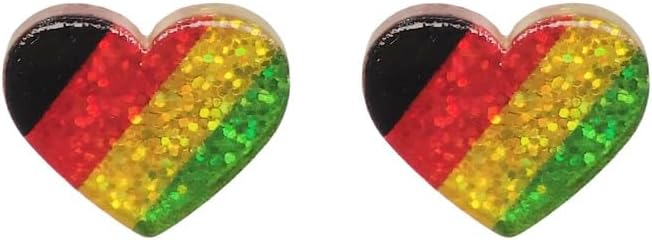 ROSTIVO Acrylic Heart Stud Earrings for Women Red, Yellow, Green, and Black Striped Design, Lightweight Pan-African Colors Jewelry