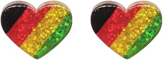 ROSTIVO Acrylic Heart Stud Earrings for Women – Red, Yellow, Green, and Black Striped Design, Lightweight Pan-African Colors Jewelry