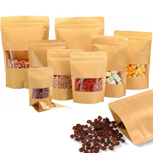 Wonninek Lot de 100 sacs en papier kraft avec fenêtre - 17 x 23,9 cm - Pochettes hermétiques en kraft avec fenêtre - Pour noix, grains de café, feuilles de thé, épices, etc.