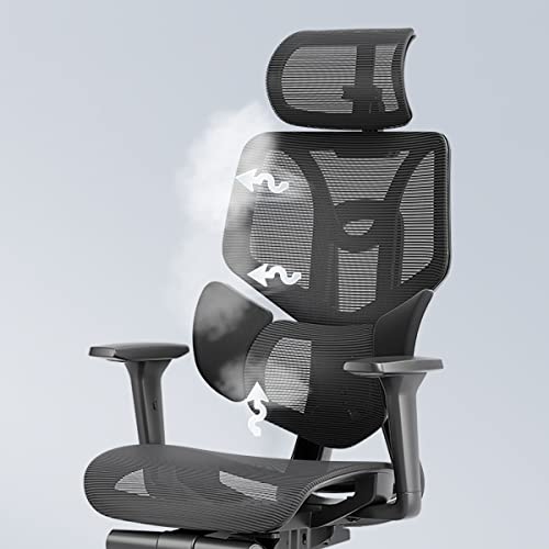 Hbada E3 Silla de Oficina ergonómica, Silla giratoria con Soporte Lumbar elástico, Respaldo Ajustable, reposacabezas y reposabrazos, Silla de Malla, Silla de Escritorio con reposapiés, Negro