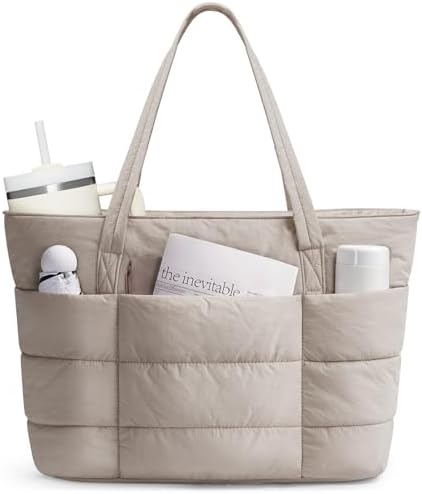 Narwey Tote Bags for Women, Puffer Work Tote Bag Women for Travel, Gym, Beach, School, Teacher, Nurse with Cup Holder & Laptop Compartment Gifts for Women Girls (Khaki)