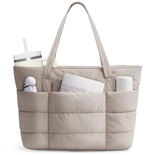 Image of Narwey Tote Bags for Women, Ladies Handbags & Shoulder Bags, School Work Laptop Bags for Women, Quilted Puffer Teacher Hand Bag for College Shopping Travel Gym Beach (Khaki)