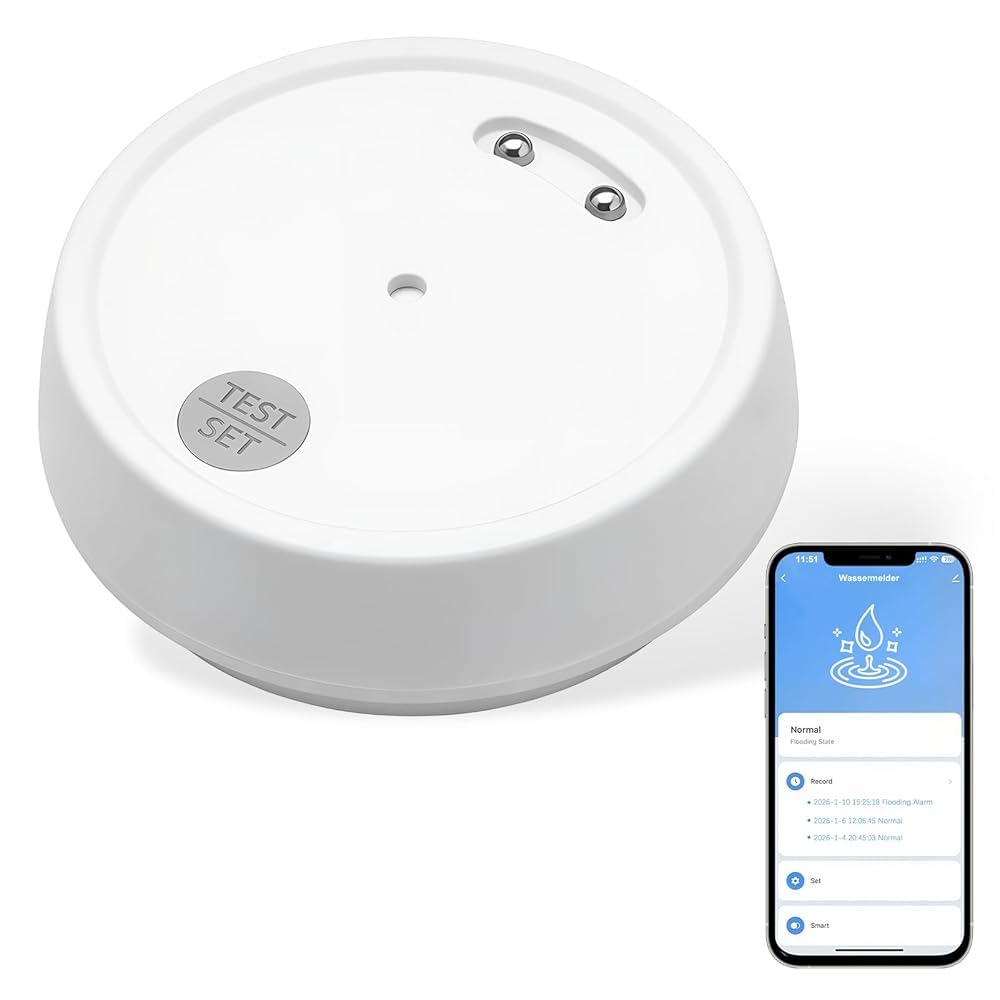 Détecteur de Fuite d’Eau Connecté Ultra Fin Capteur Anti-Inondation Sirène 100 DB pour Alerte App et Domotique Intelligente Alarme de Capteur d'eau pour Cuisine Salle de Bain sous-Sol
