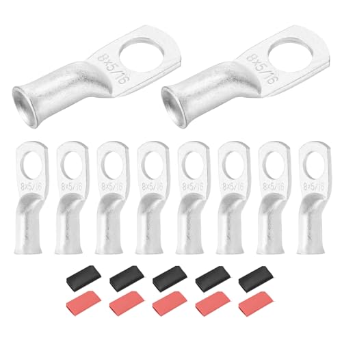 DMiotech 10 Pcs 8 AWG - 5/16 Tinned Copper Cable Lugs, Battery Cable Ends, Heavy Duty Copper Wire Lugs with 10pcs Heat Shrink Tubing for Electrical Projects, Silver