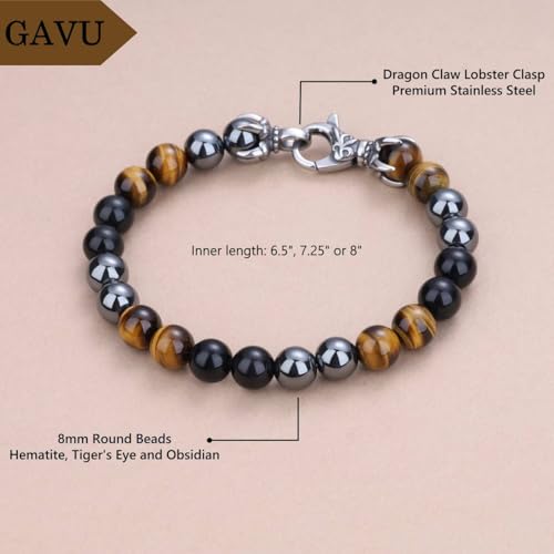 GAVU 8MM Beaded Bracelet for Men, Lava Tiger Eye Triple Protection Bracelet for Men 7.5"/8.5"/8.9"4
