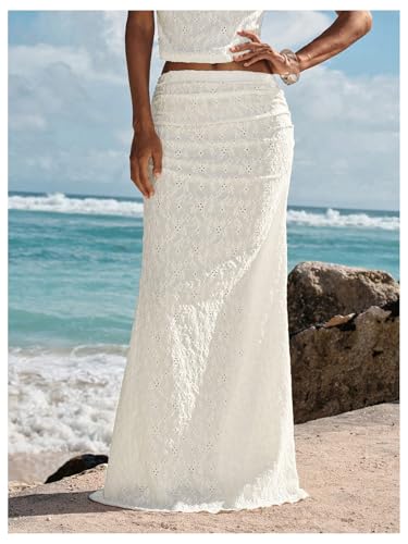Verdusa Women's Eyelet Embroidery Ruched Maxi Skirt Drop Waist Fishtail Bodycon Skirts3