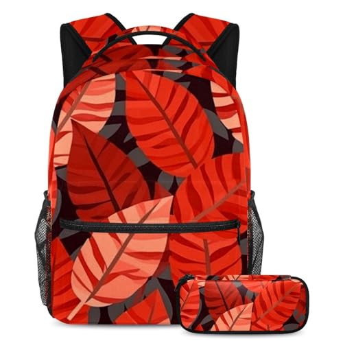 Cartables pour enfants avec trousse motif feuilles rouges : ensemble scolaire de jour multicolore