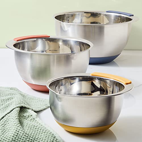 Ayesha Curry Kitchenware Pantryware Stainless Steel Nesting Mixing Bowls Set, 3 Piece, Silver With Color Accent Handles #TOP7
