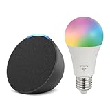 Apresentamos o Echo Pop | Smart speaker compacto com som envolvente e Alexa | Cor Preta + Lâmpada Smarteck 12W