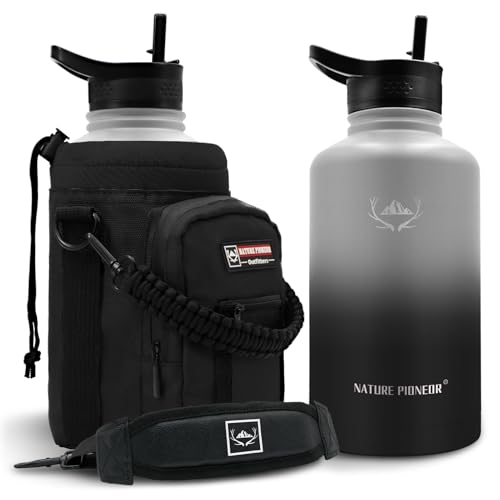 Image of NATURE PIONEOR 64 oz Insulated Water Bottle with Carrier Bag & 3 Lids