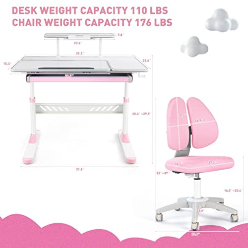Cosvalve Premium Kids Study Desk And Chair Set,Adjustable Girls School Writing Study Table,Ergonomic Desk Chair With Large Writing Board Pull Out Drawer Bookstand Pink #TOP1