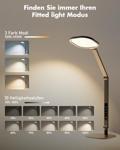 LitONES Schreibtischlampe LED Dimmbare, Augenschutz tageslichtlampe schreibtisch mit 3 Farbmodi und Touch-Steuerung/Memory-Funktion,15W Schwenkarm Bürolampe mit Stecker,Schwarz