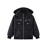POZAMA Bikerjacke für Jungen, Kunstleder, Motorradjacke im Bomber-Stil, mit Reißverschluss, für Kinder im Alter von 3–14 Jahren, Schwarz mit Mütze, 4-5 Jahre