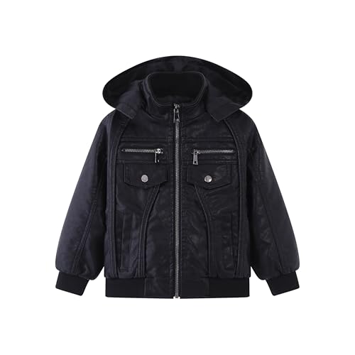 Image of Kids Faux Leather Biker Jacket with Detachable Hood - Moto Coat for School, Zipper Closure, for Boys & Girls 4-12Y