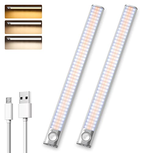 Motion Sensor Lights Indoor, 160 LED USB Rechargeable Closet Lights, 3 Colors Temperatures LED Light Under Cabinet Lighting, Under Counter Lights for Kitchen, Wardrobe, Stairways(2Pack)