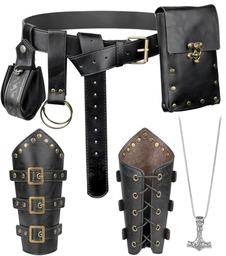 Image of 7PCS Renaissance Accessories - Medieval Belt, Viking Leather Bracers, Belt Pouch & Money Bag for Halloween Cosplay