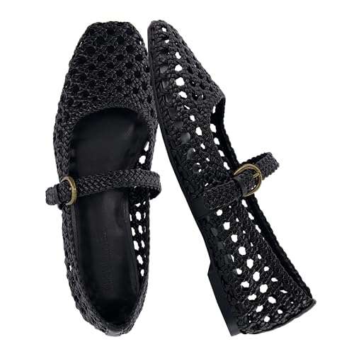 CUSHIONAIRE Weston Hand Woven Mary Jane Flats for Women Comfortable Dressy Ballet Flats with Braided Adjustable Buckle and Memory Foam Cushioning Black 8