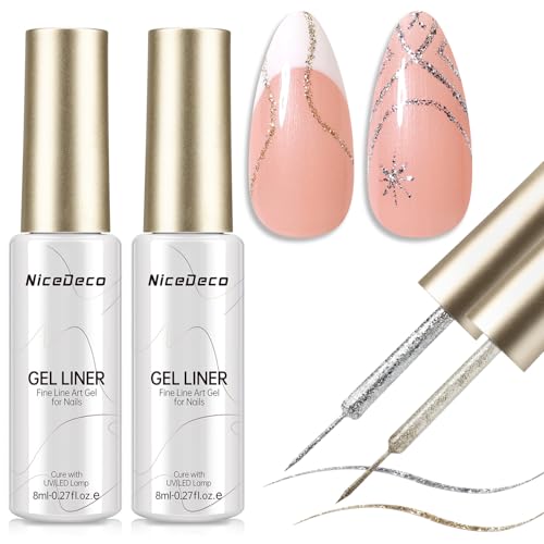 Nicedeco Esmalte Gel Liner Nail Art Metálico Oro y Plata Linear para Uñas Soak Off UV LED Gel Polish With Pen Ideal Para Painting Drawing Lines Salon Home DIY Manicura, 2 x 8 ml