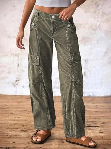 Flamingals Straight Leg Pants for Women Mid Rise Casual Cargo Multi Pockets Button Design Solid Pants2