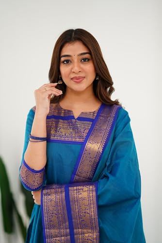 Image of TWINLIGHT Women's Kanchi Cotton Elephant Jaquard Work Kurta and Dupatta Set | V Neck 3 /4 Sleeves Straight Calf Length Kurti with Jaquard Border Work Dupatta | Kurti Set for Women