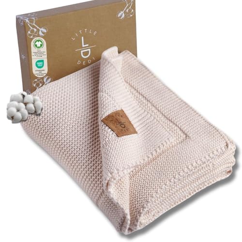 Image of Little Dedi 100% Organic Cotton Baby Knitted Blanket with Gift Box - Soft Toddler, Crib, Stroller Blanket - Neutral Swaddle and Receiving Blanket for Newborns, 30"x40", Stone