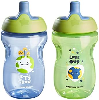 Tommee Tippee Sportee Water Bottle for Toddlers, Spill-Proof, Playful and Colorful Designs, Easy to Hold Design, 10oz, 12m+, 2 Count, Blue and Green