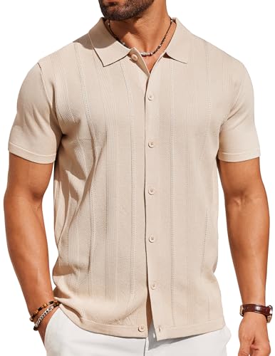 COOFANDY Mens Knit Shirt Short Sleeve Button Down Shirts Casual Summer Beach Vintage Polo Shirts