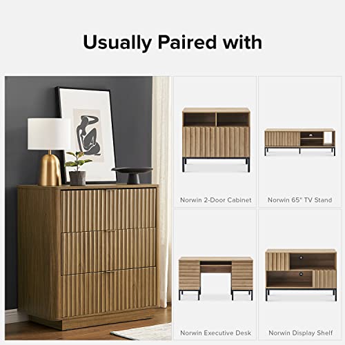 Mopio Brooklyn Mid-Century Modern Dresser/Credenza, Waveform Panel With Sleek Curved Profile With Aluminum Handle 3-Drawers For Bedroom/Living Room, Sturdy Anti-Tipping Base (Natural Walnut, Dresser) #TOP5