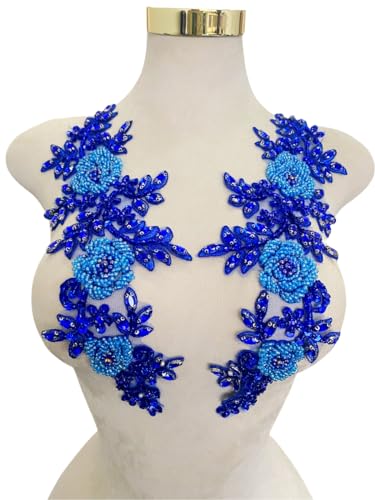 Zbroh 1 Pair Handmade red/White//Green/Blue Rhinestones Applique Sewing Beads Stones Trim lace Patches Accessory for Dress Clothes hat (Blue AB)