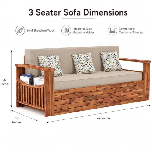 Image of Douceur Furnitures Solid Sheesham Wooden 3 Seater Sofa Cum Bed with Mattress,Cushions & Side Pockets,Wood Foldable Convertible Sofa 3 Seater Diwan Cum Bed for Living Room & Office|Natural Teak Finish