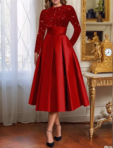 Long Sleeve Mother of The Bride Dresses for Women Sparkly Sequin A Line Prom Gowns Satin Tea Length Wedding Party Dress2
