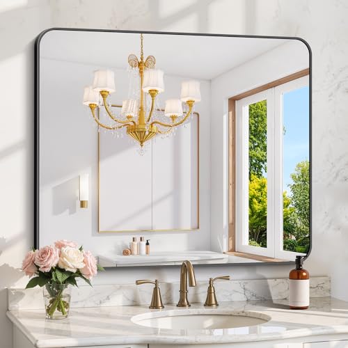 KOCUUY Bathroom Mirror 36x40 Black Rectangle Mirrors for Wall Large Metal Framed Vanity Mirror with Rounded Corner for Bedroom Living Room and Entryways Hangs Horizontal/Vertical