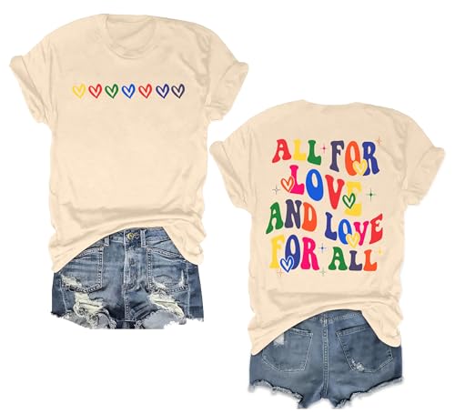 hohololo Pride Shirt Women All for Love Rainbow Shirt LGBT Short Sleeve Shirts (Beige1 S)