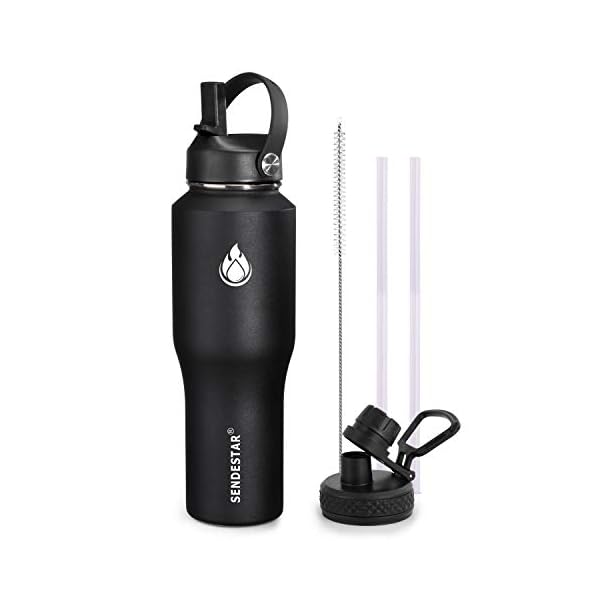 SENDESTAR Water Bottle 32oz,2 Lids(Straw lid),Wide Mouth Stainless Steel Vacuum Insulated Double Wall Keep Liquids Cold or Hot All Day,Sweat Proof Sport Design,Fit Car Cup Holder(Black)
