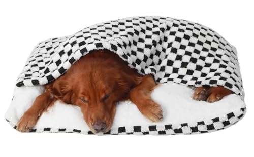 Hundeschlafsack mit Dach, Beruhigende Hundebett Hundehöhle, Winter Warm Plüsch Höhle mit Kapuze, Katzenbett mit Abnehmbaren Deckel, Hundesofa für Kleine und Mittelgroße Hunde(Square Grid,75x60x23cm)