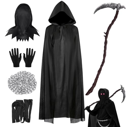 Sensenmann Kostüm Kinder mit Gebogene Sense & Separate Maske - 6er Set - Gruselige Halloween Kostüm Junge Sensenmann Umhang...