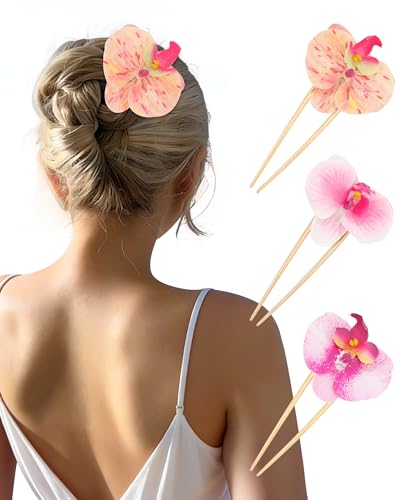 WELROG 3 Pack Hawaiian Orchid Flower Hair Pins Metal Hair Sticks for Beach Vacation Non-Slip Fork for Thick Hair Updo