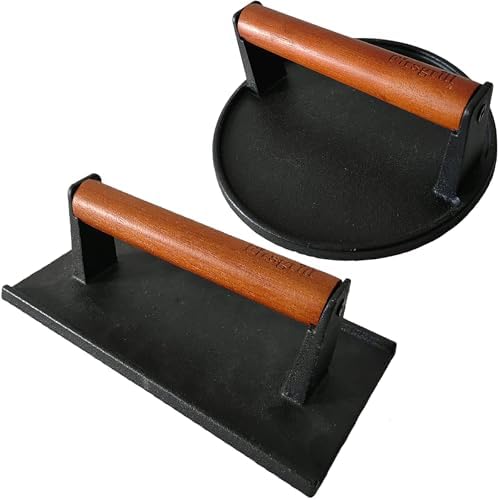 Firsgrill Burger Press 7.08" Round & 8.3”X4.3”Rectangle Heavy-Duty Cast Iron Smash Meat Steak with Wood Handle for Blackstone Camp Chef Pitboss Weber Treager Griddle (Round & Rectangle w Flat Bottom)